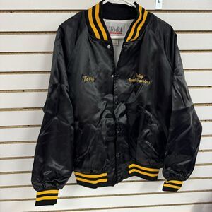 Vintage Retro Black Shiny Bomber Puffer Terry Policy Road Warriors Jacket Sz XL?